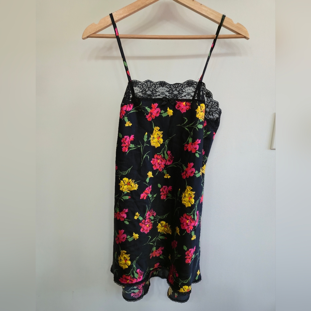 Black Floral Lace Trim Square Neck Nightgown Dress, Med